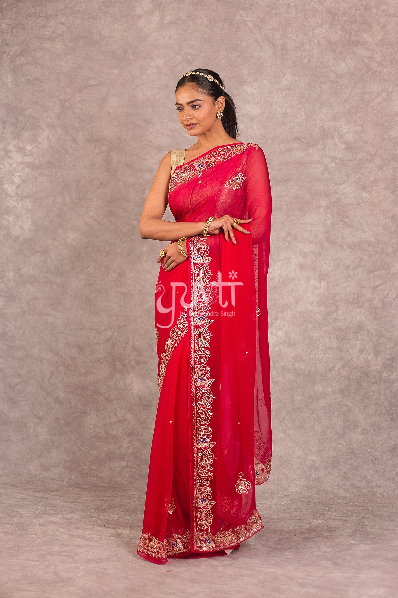Red Viscose Chiffon Aari Sequins Work Saree