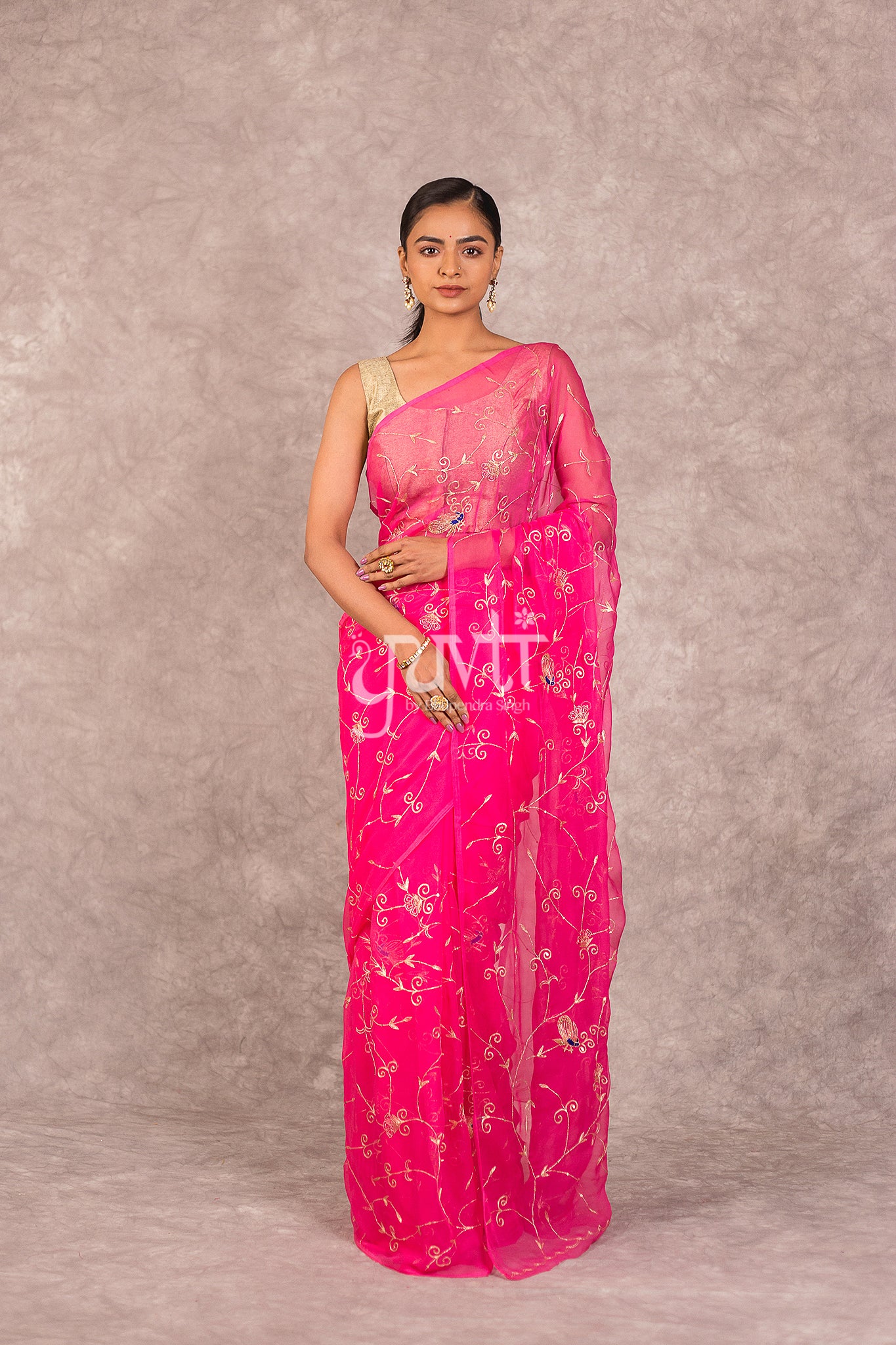 Pink Viscose Chiffon Aari Jaal Work Saree