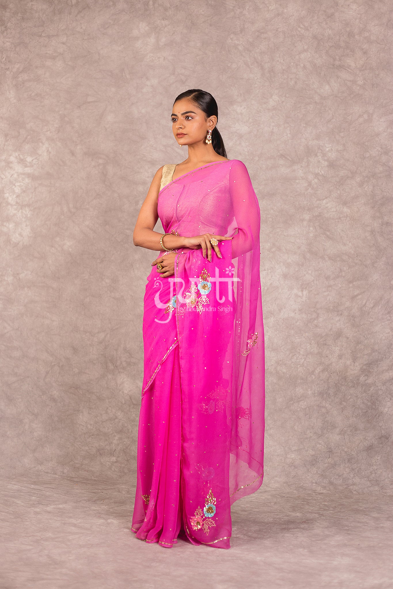 Pink Viscose Chiffon Aari Sequins Booti Work Saree