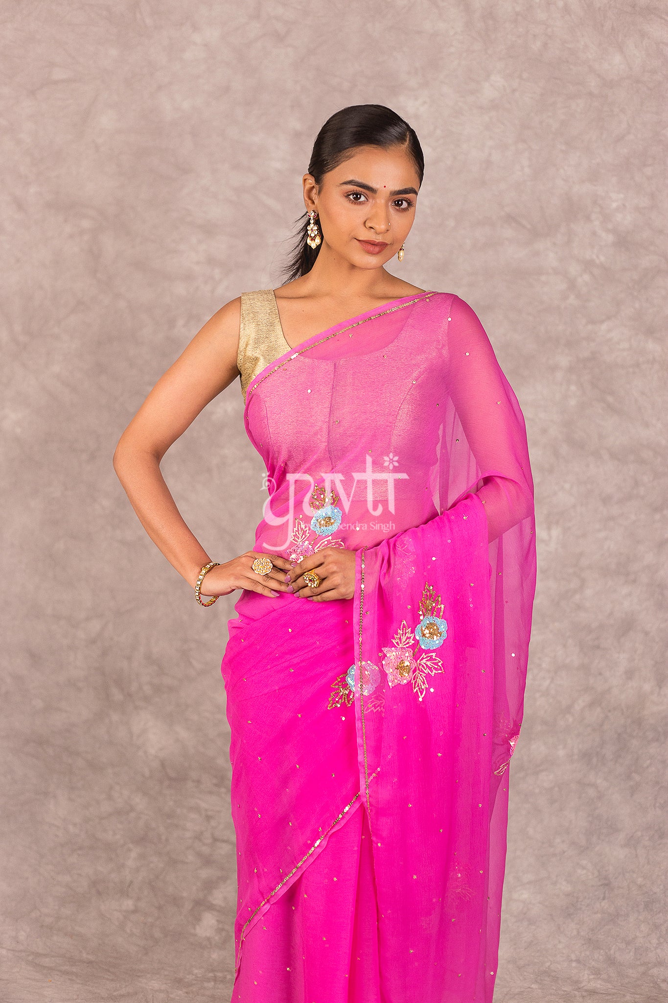 Pink Viscose Chiffon Aari Sequins Booti Work Saree