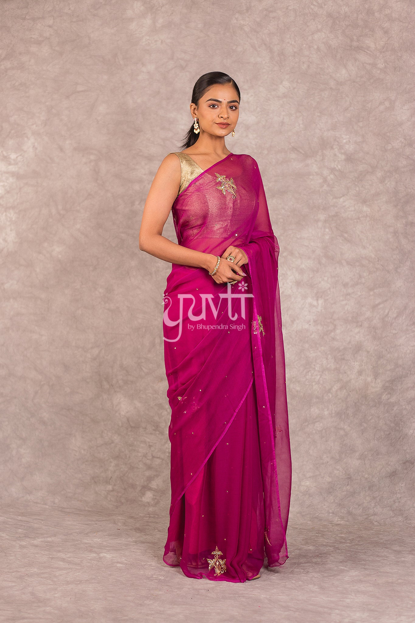 Wine Viscose Chiffon Aari Sequins Booti Work Saree