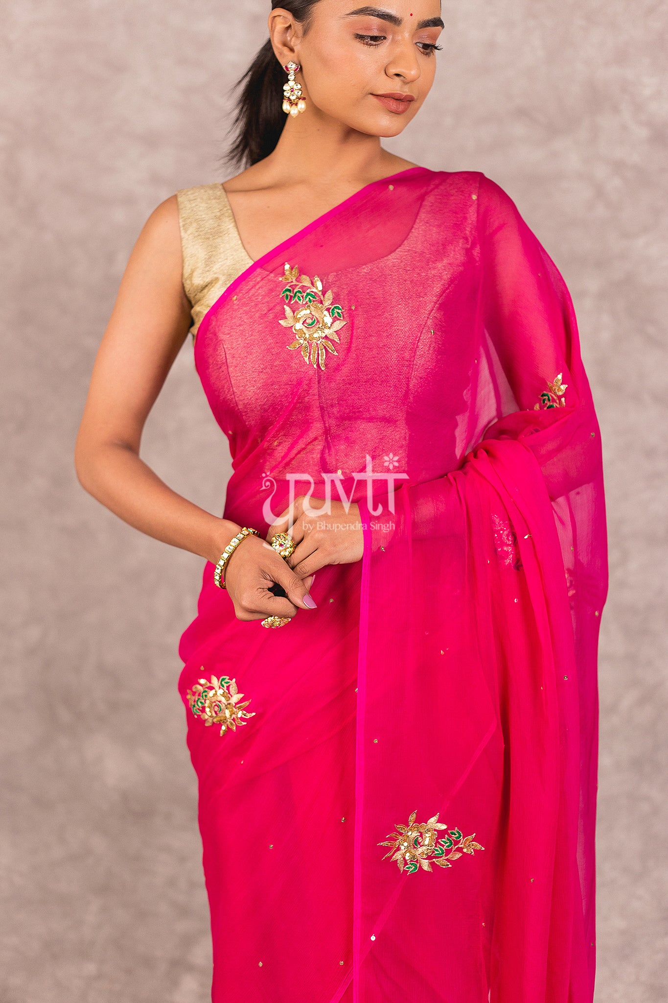 Pink Viscose Chiffon Aari Sequins Booti Work Saree