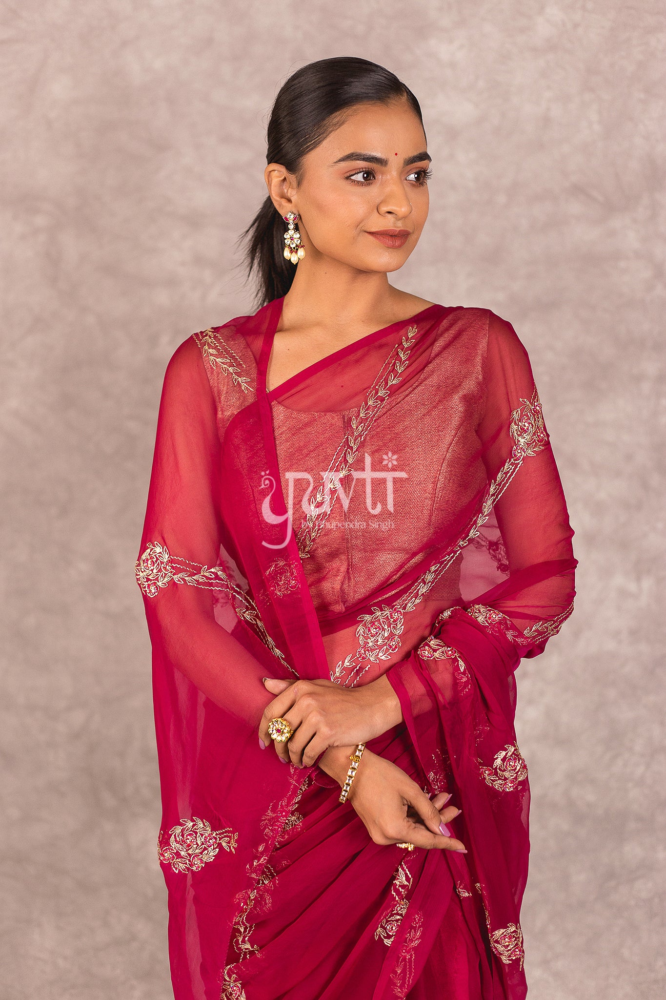 Wine Viscose Chiffon Aari Resham Work