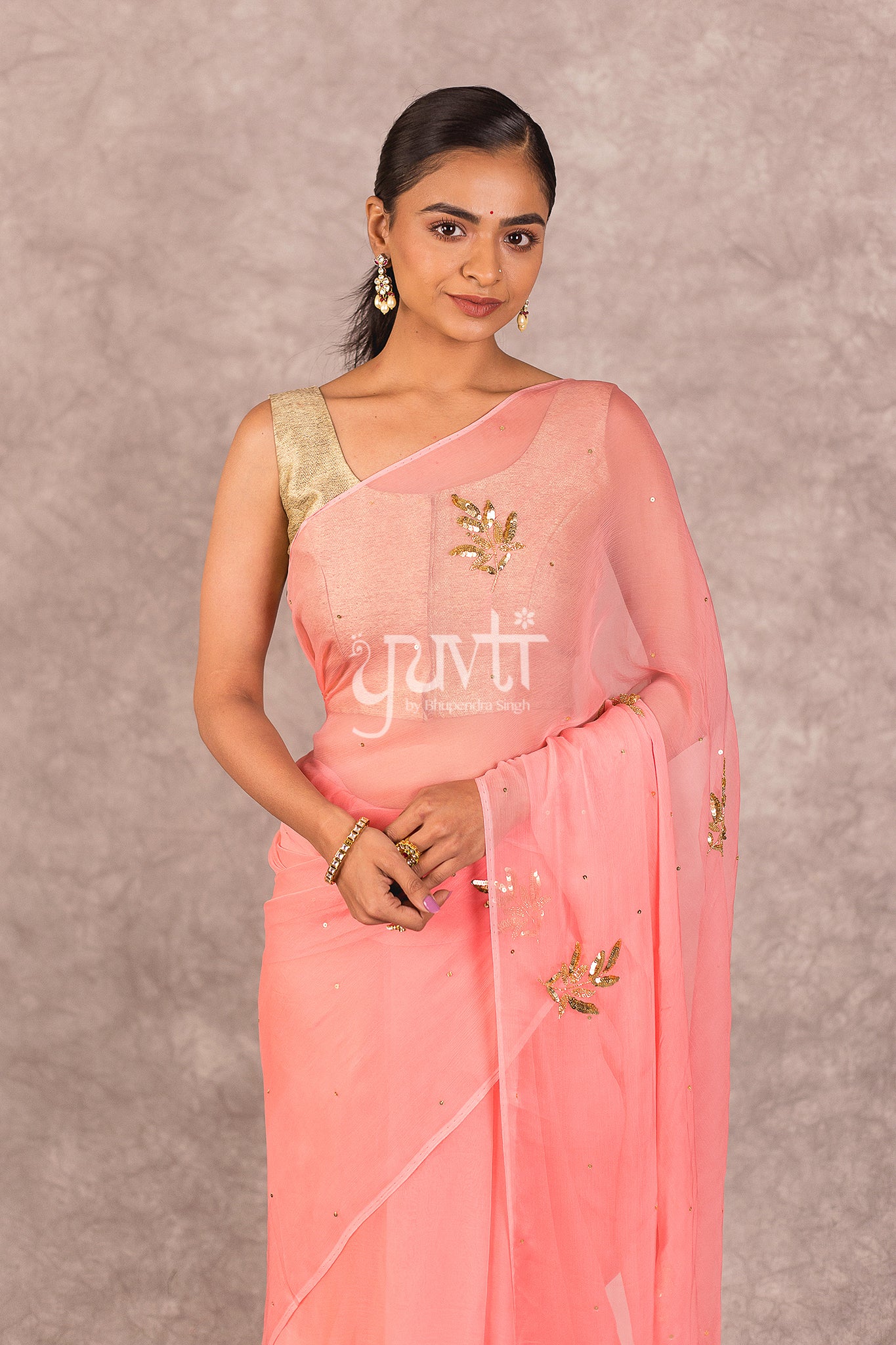 Peach Viscose Chiffon Aari Sequins Booti Work Saree