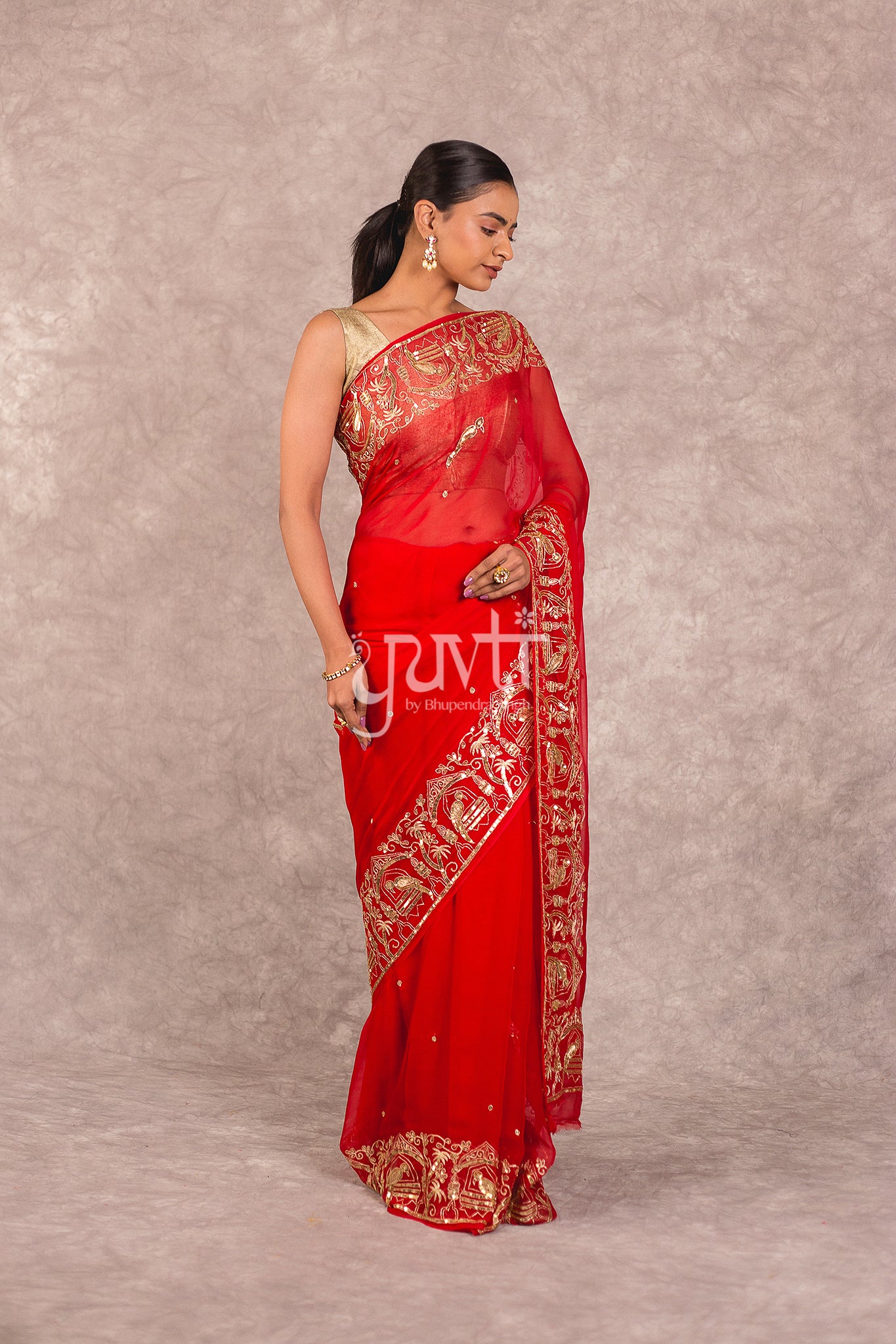 Red Chiffon Aari Sequins Work Saree