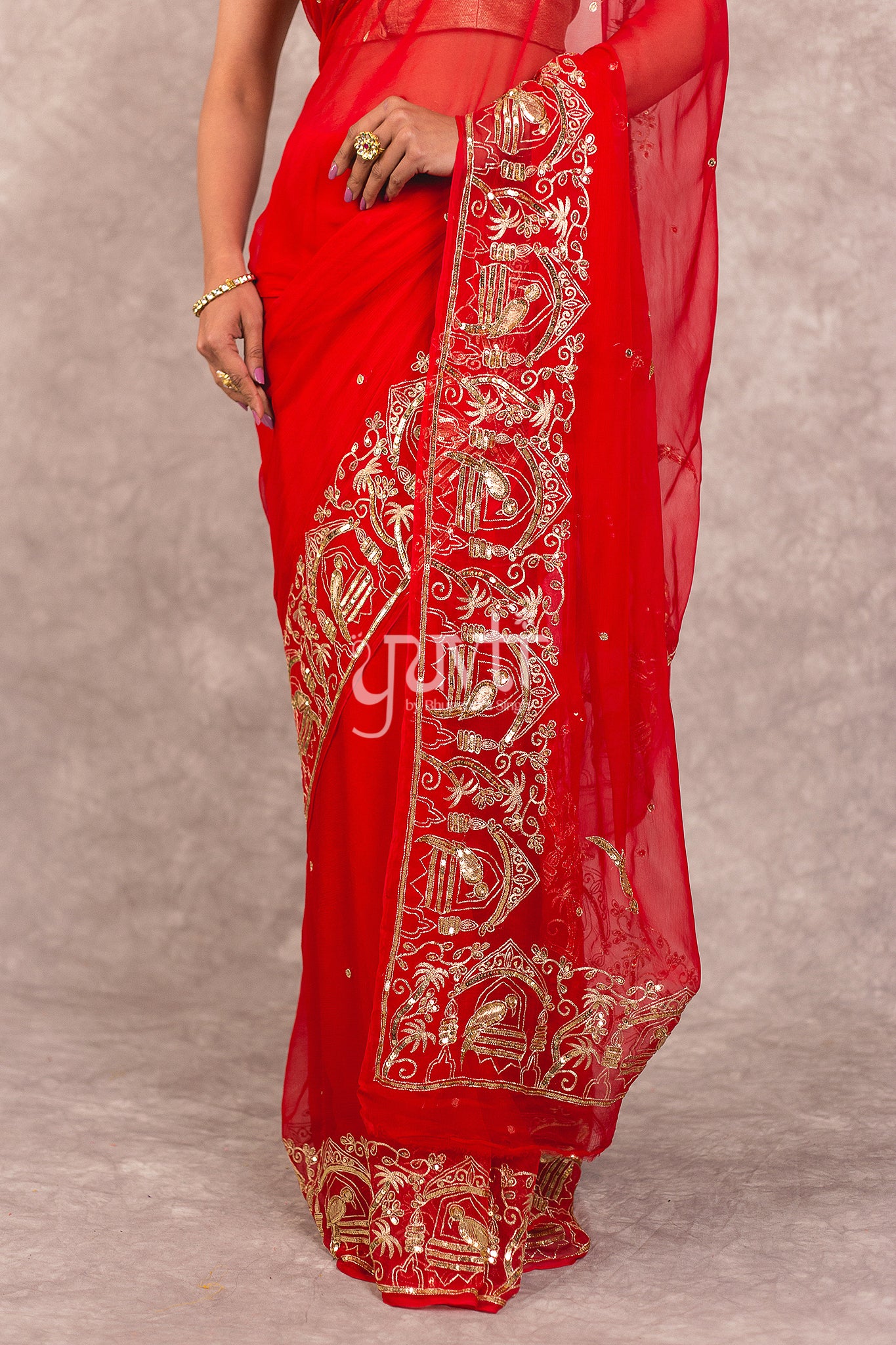 Red Chiffon Aari Sequins Work Saree