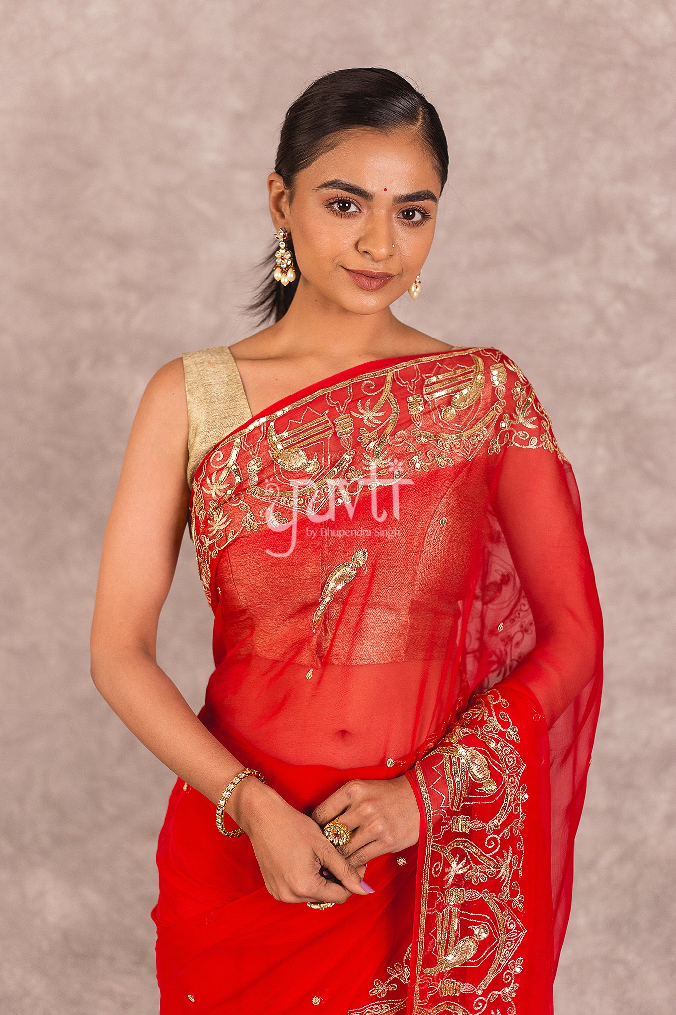 Red Chiffon Aari Sequins Work Saree