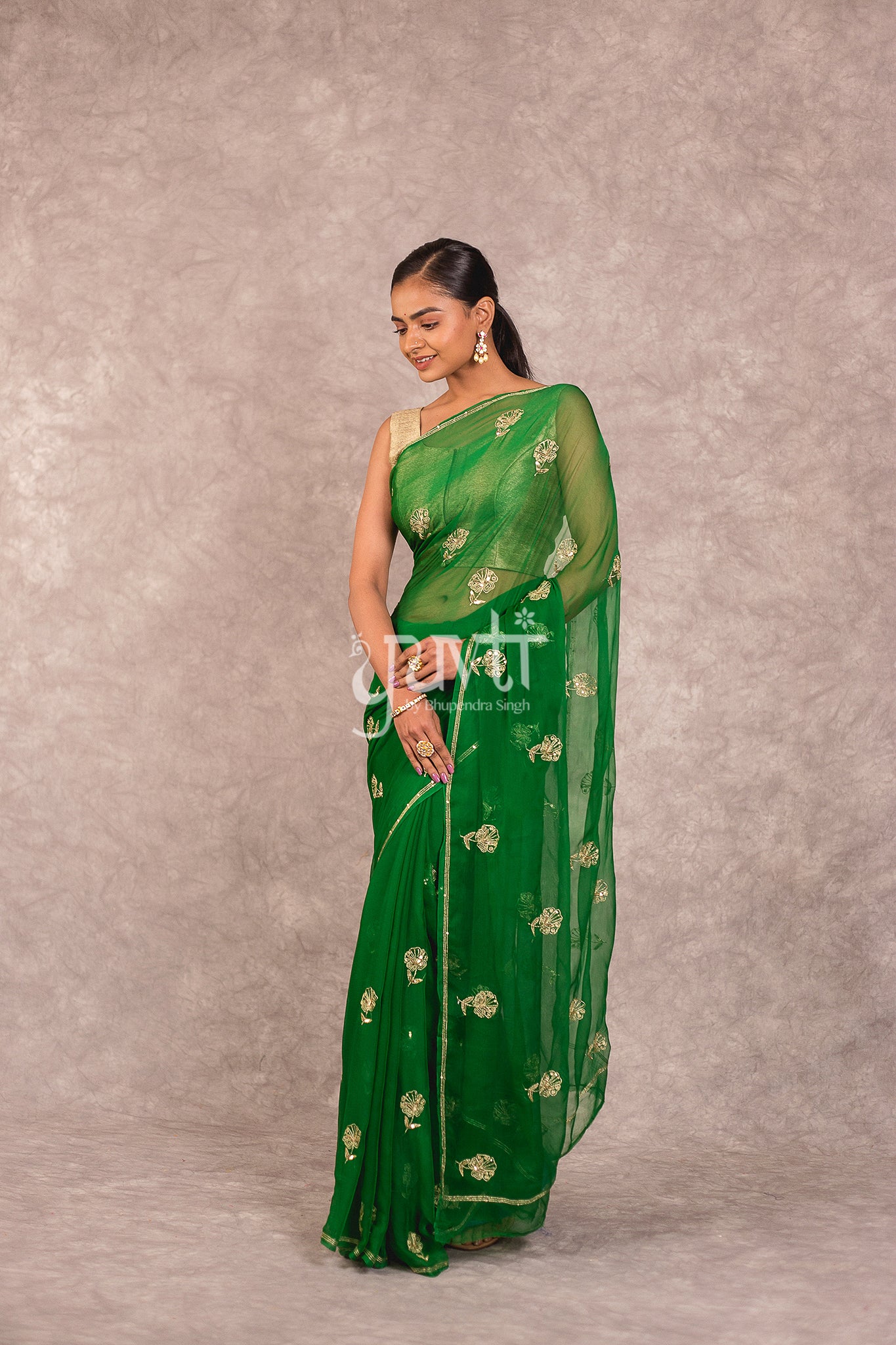 Green Viscose Chiffon Aari Sequins Work Saree