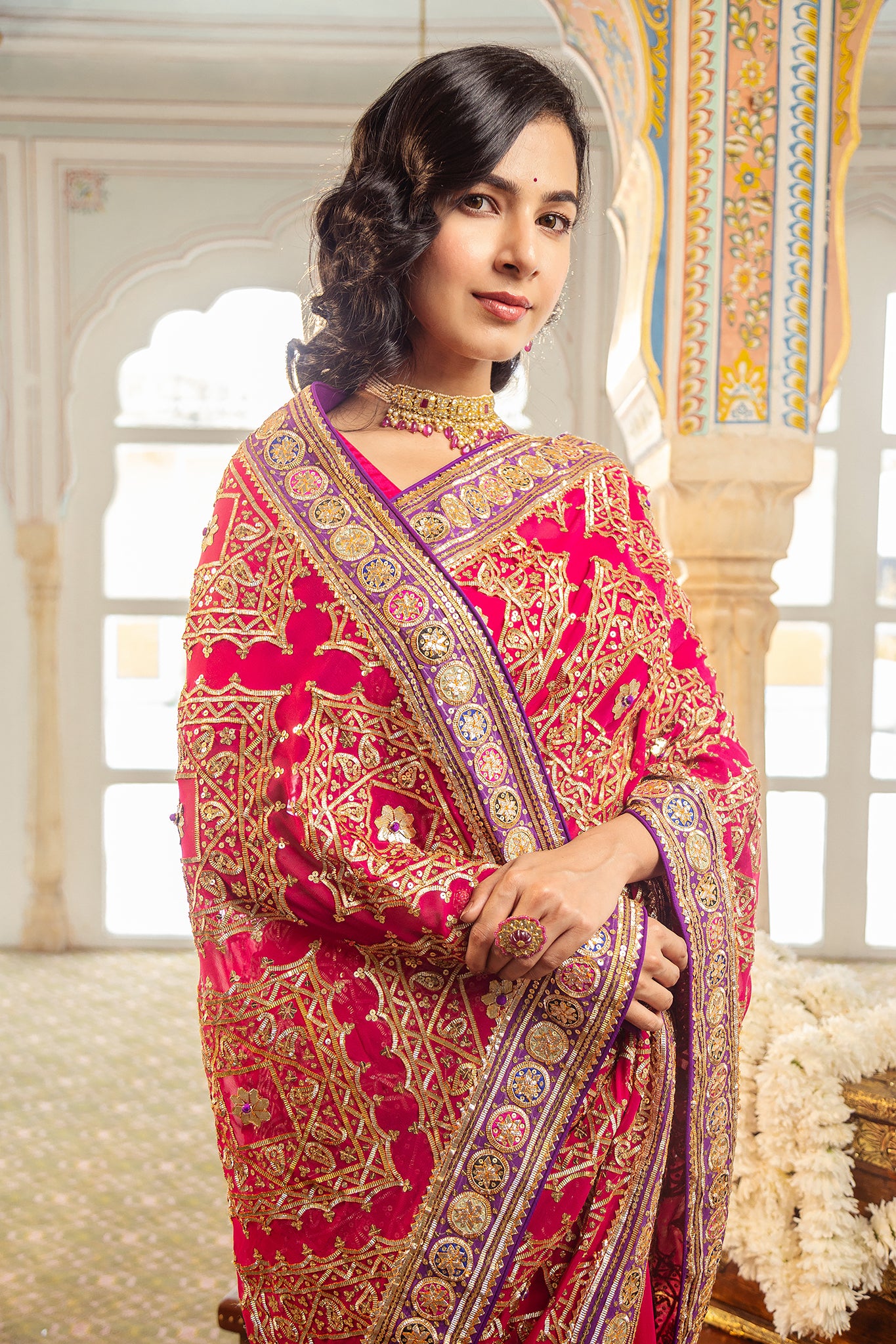 Rani Pure Georgette German Sikhiya Handwork Saree