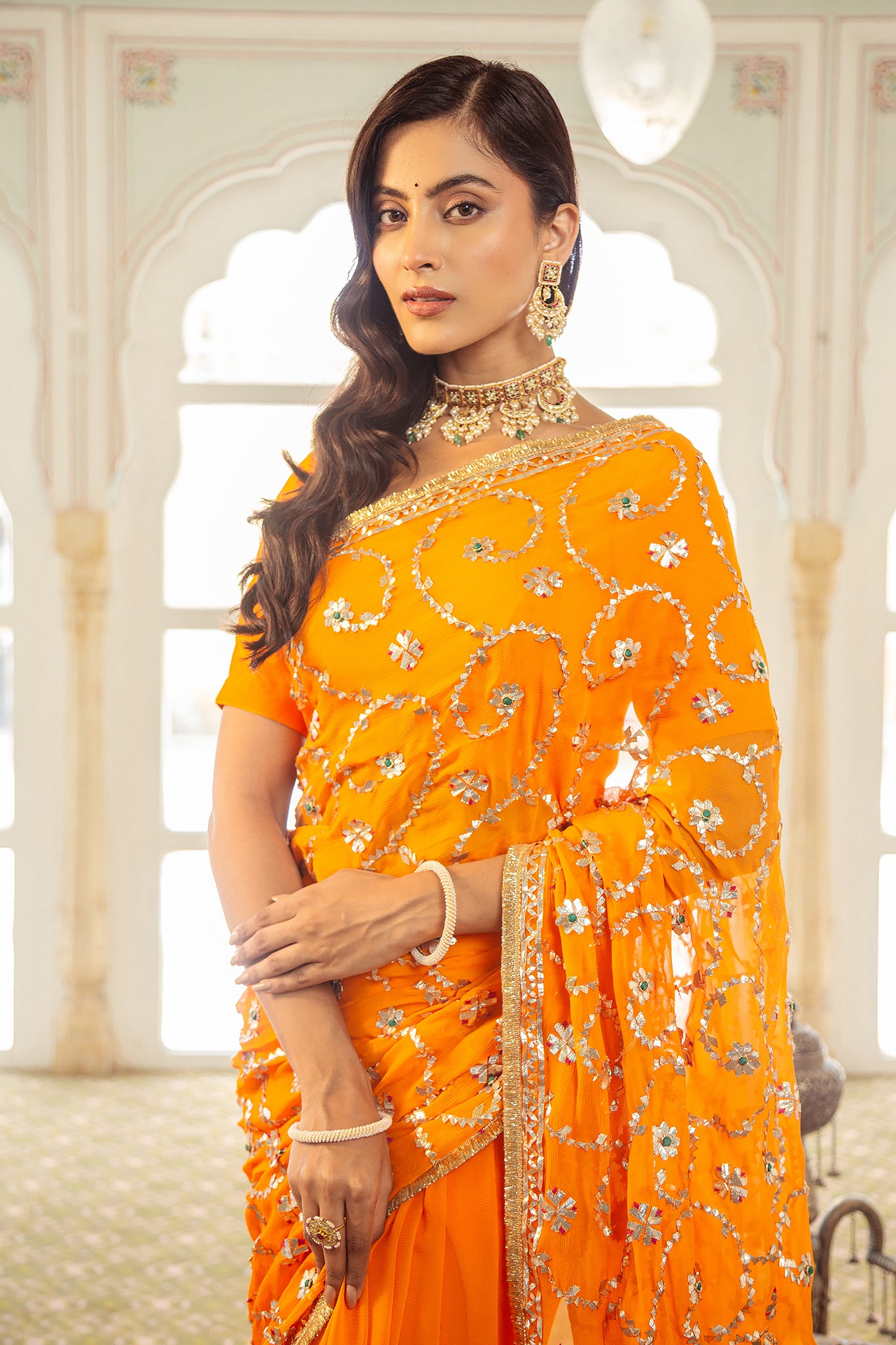 Yellow Kesariya Pure Chiffon Gota Patti Jaal Handwork Saree