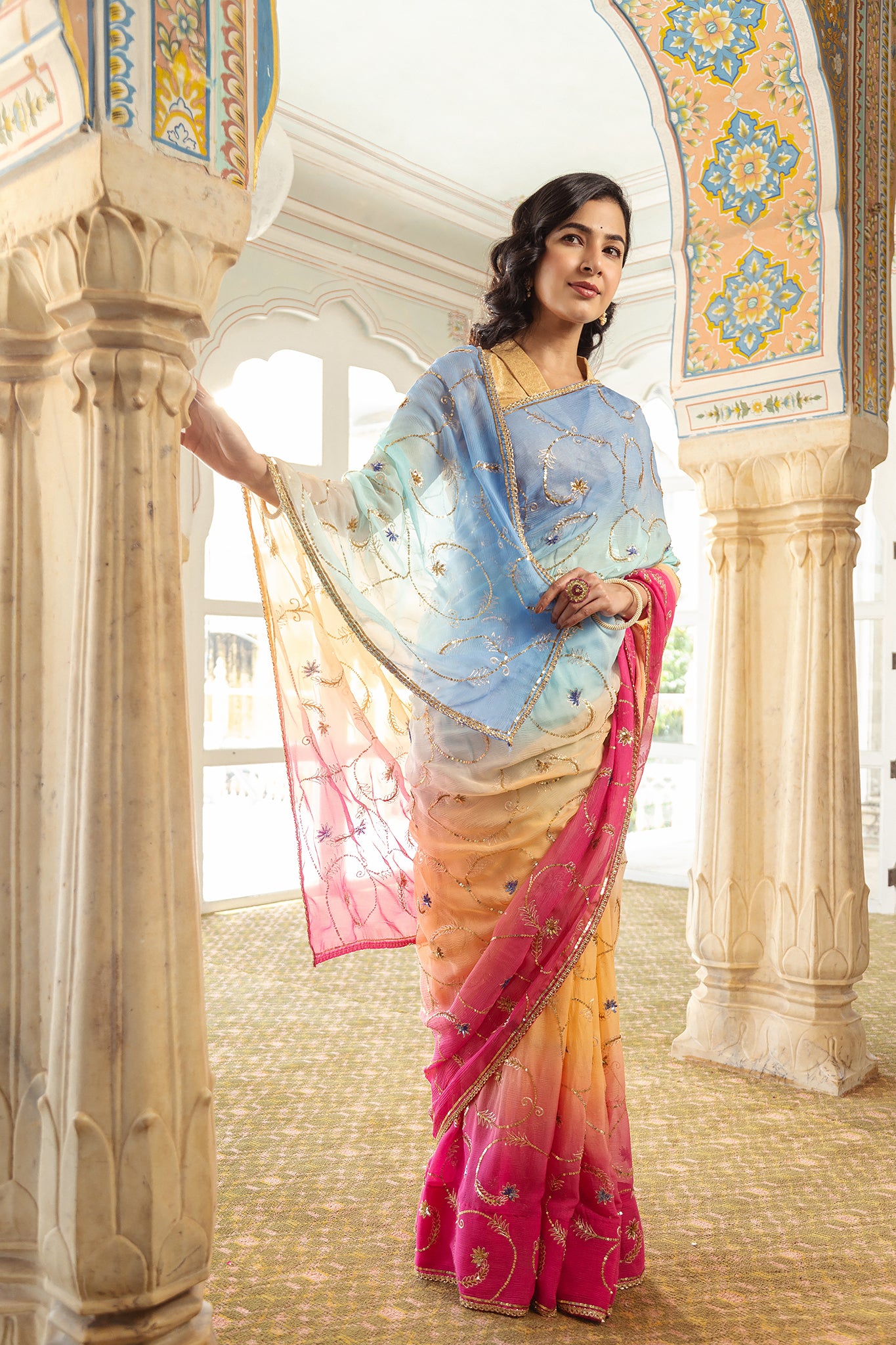 Rani Sky Shaded Pure Chiffon Aari Tari Handwork Saree