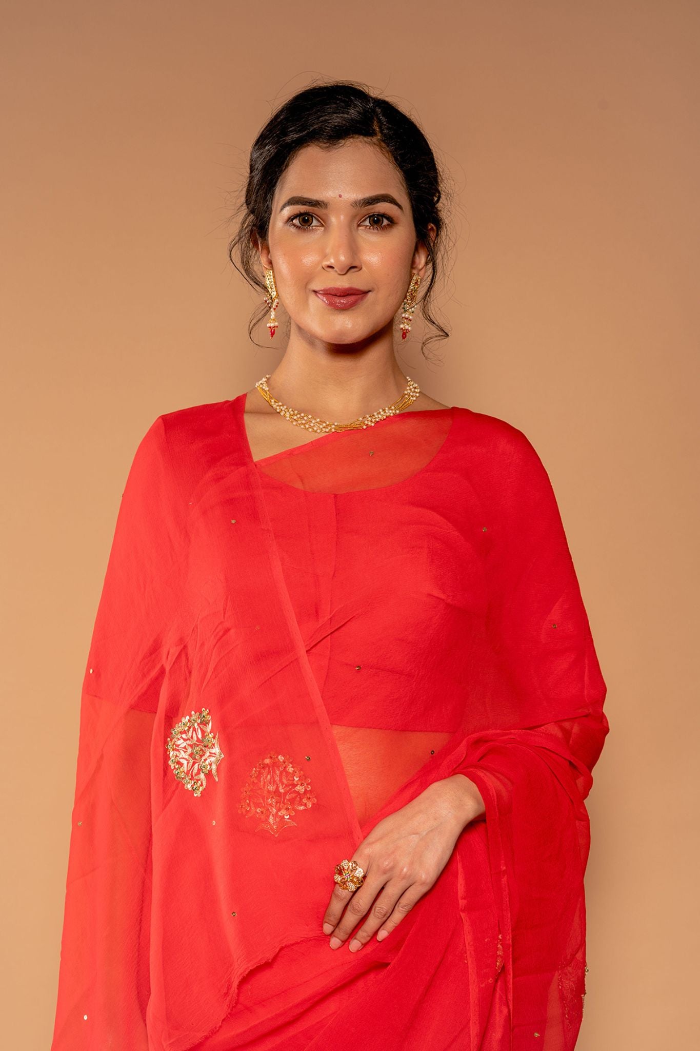 Red Viscose Chiffon Aari sequins Buti Handwork Saree