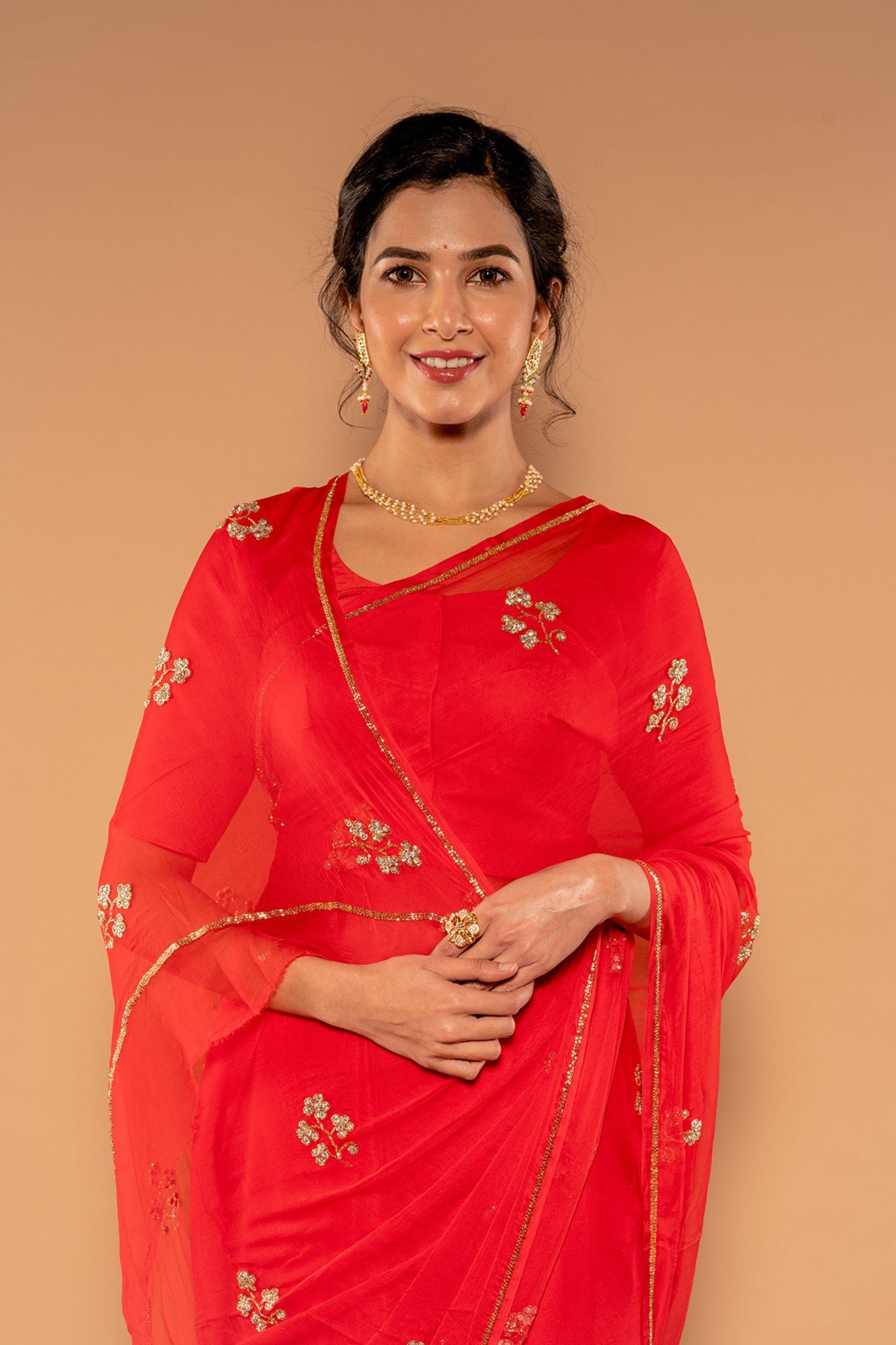 Red Viscose Chiffon Kardana sequins Handwork Saree