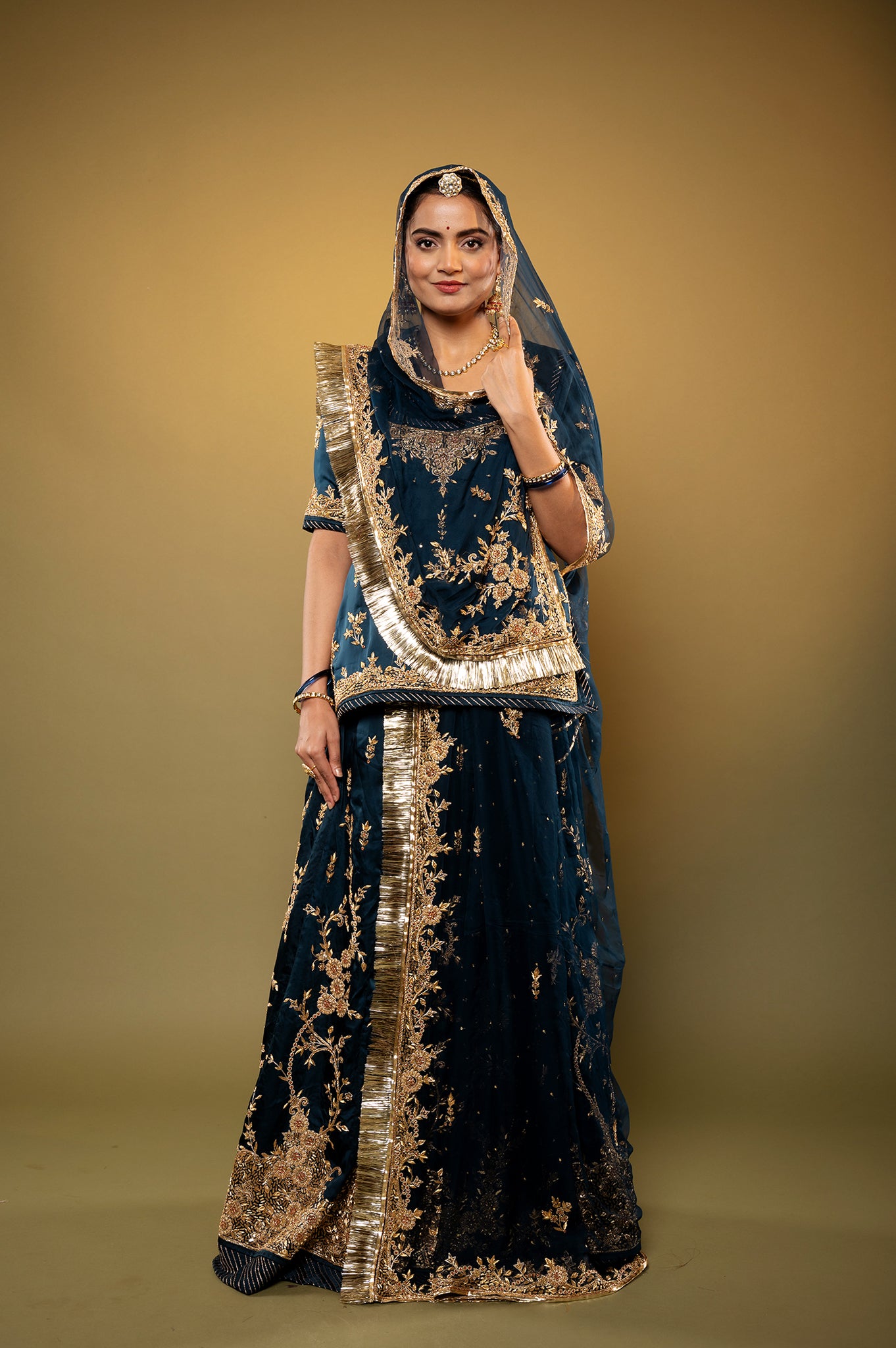 dark rama green bamber satin zardozi handwork rajputi Poshak with Pure odhna