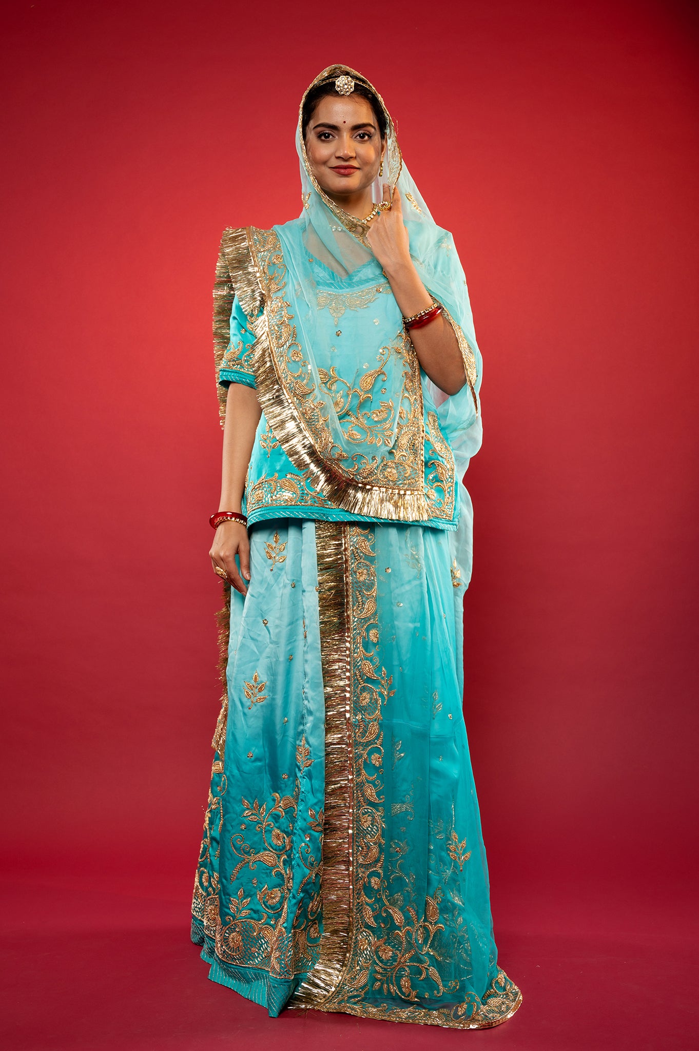 Sky blue light dark bamber Satin zardozi handwork rajputi Poshak with Pure odhna