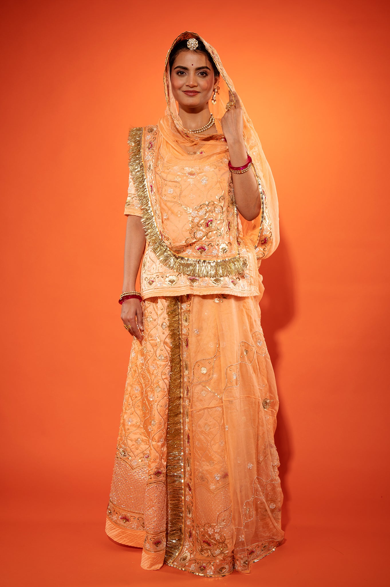 peach pure silk Satin aari zardozi handwork rajputi Poshak with pure odhna