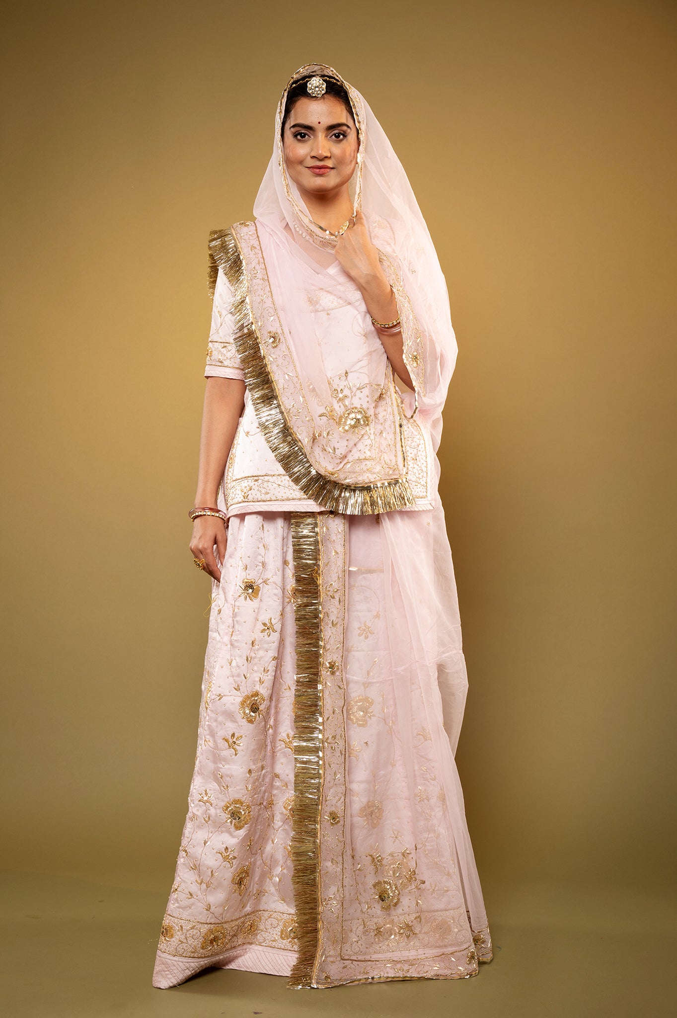 baby pink bamber satin zardozi handwork rajputi Poshak with Pure odhna