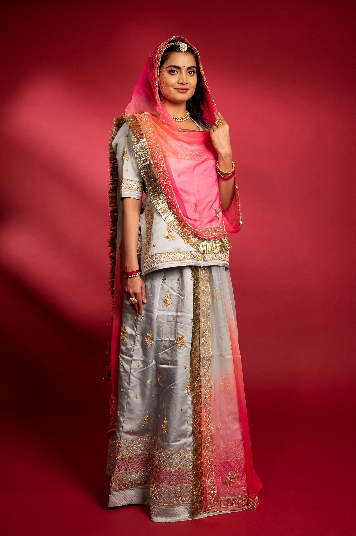 silver grey bamber satin aari zardozi resham handwork Rajputi Poshak with Pure odhna