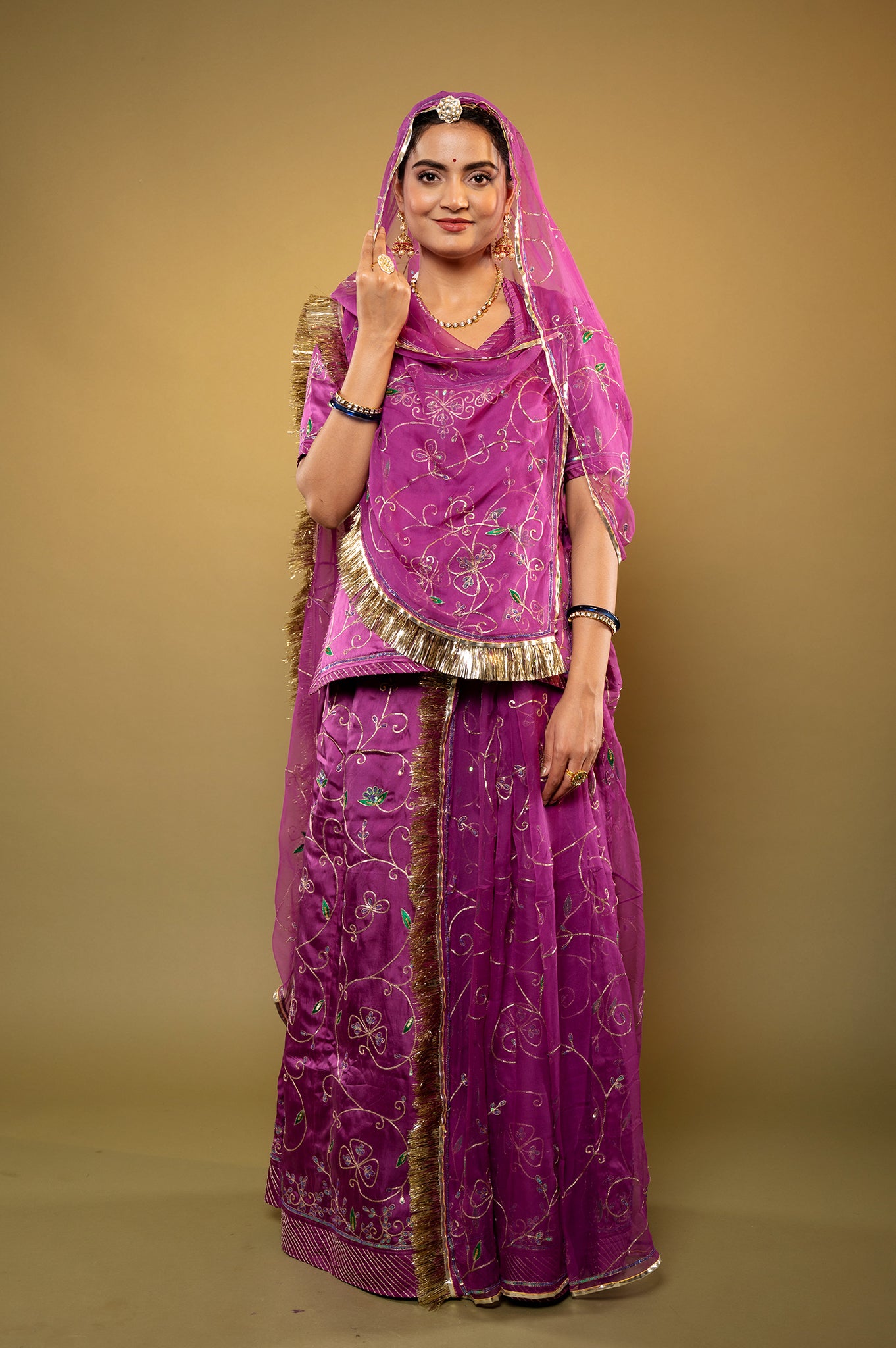 Purple bamber satin aari sequins handwork rajputi Poshak with Pure odhna