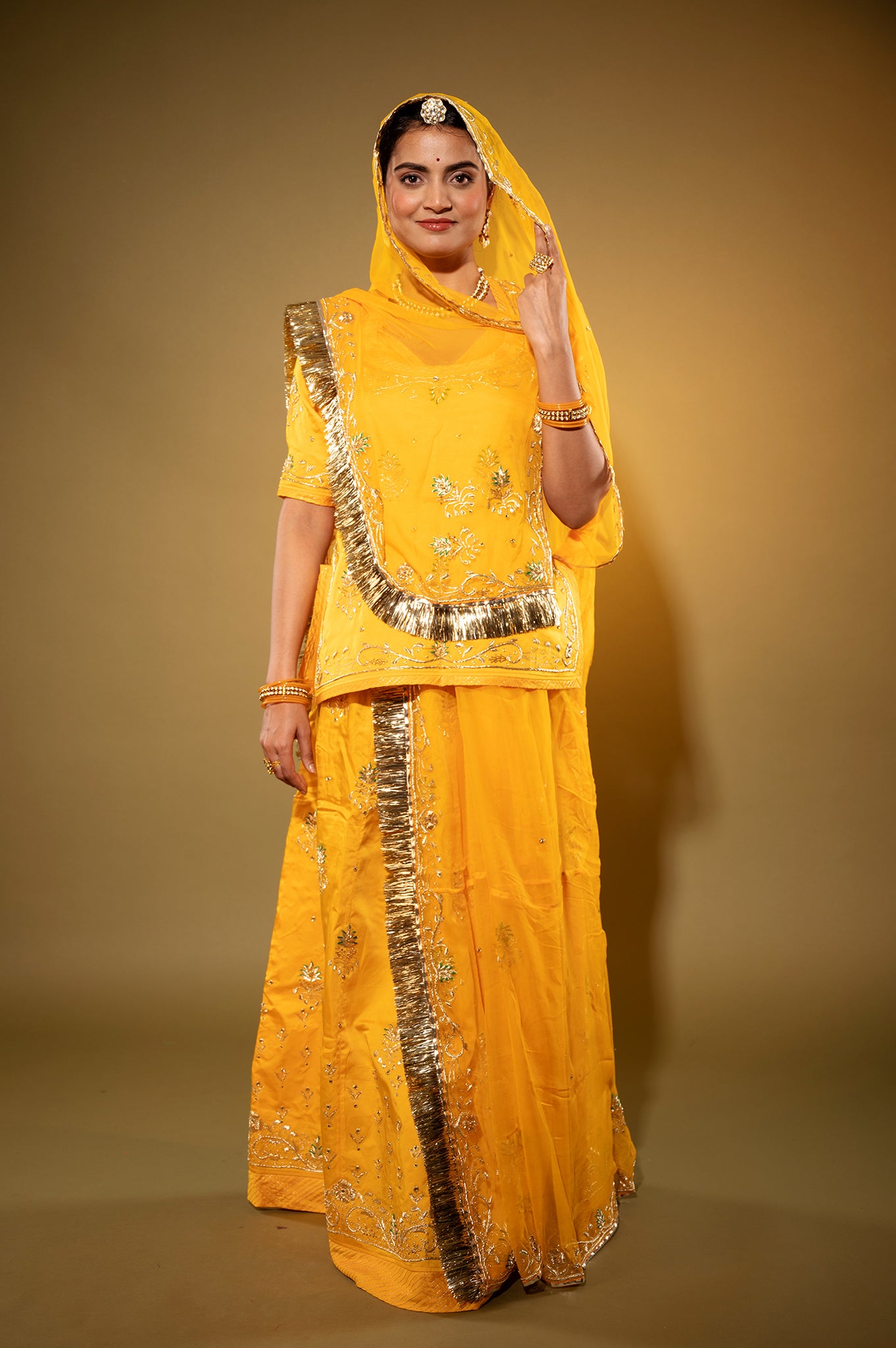 yellow bamber satin zardozi handwork rajputi Poshak with Pure odhna
