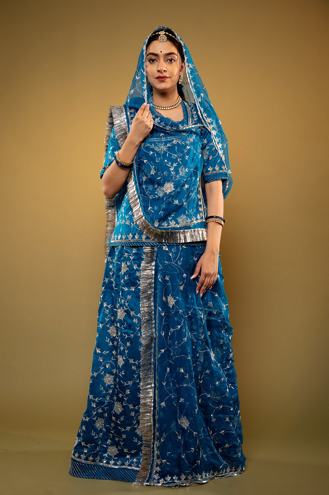 blue bamber satin aari sequins zardozi handwork rajputi Poshak with Pure odhna