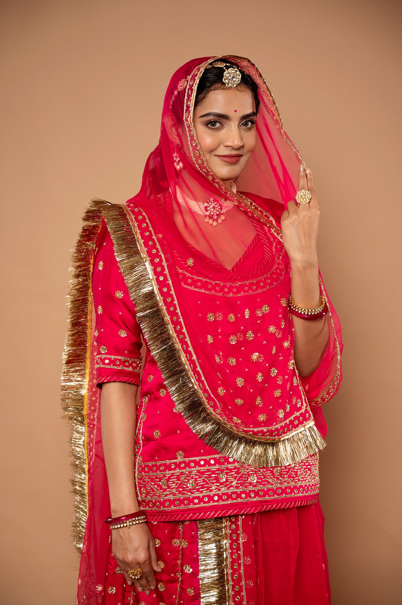 Cherry Red bamber satin zardozi handwork rajputi Poshak with pure odhna