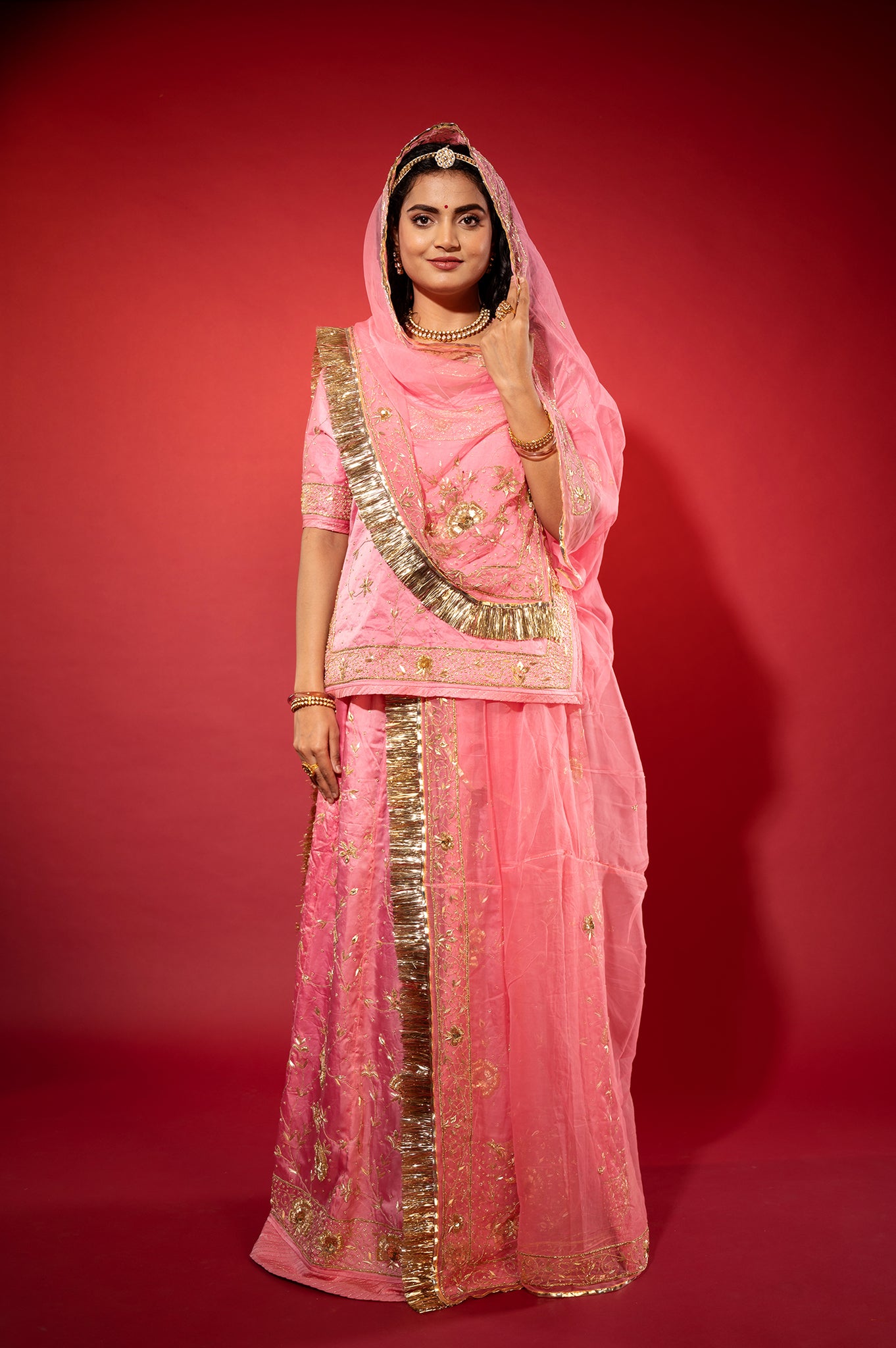 Pink bamber satin zardozi handwork rajputi Poshak with Pure odhna