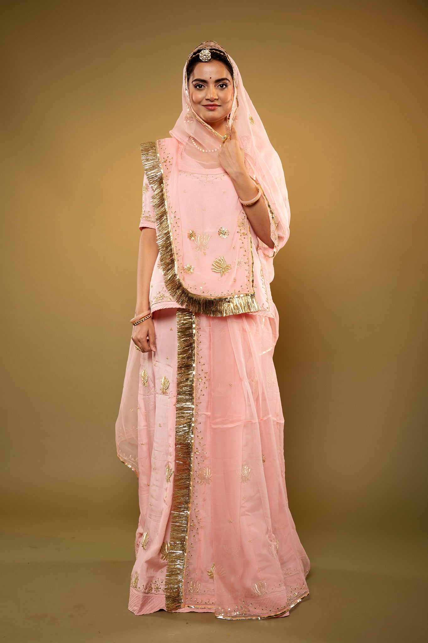 peach pink Crepe zardozi handwork rajputi Poshak with Pure odhna