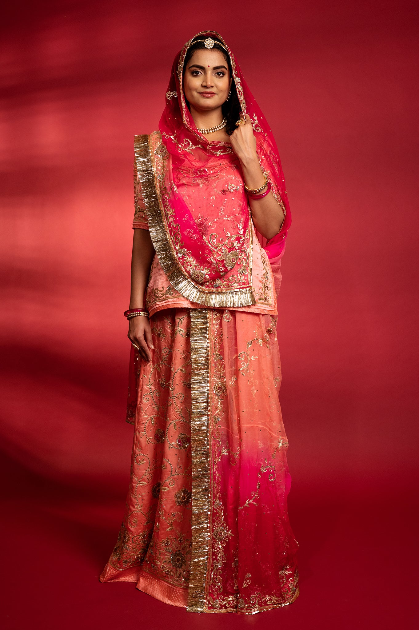 Peach bamber satin aari sequins handwork Rajputi Poshak with Pure odhna