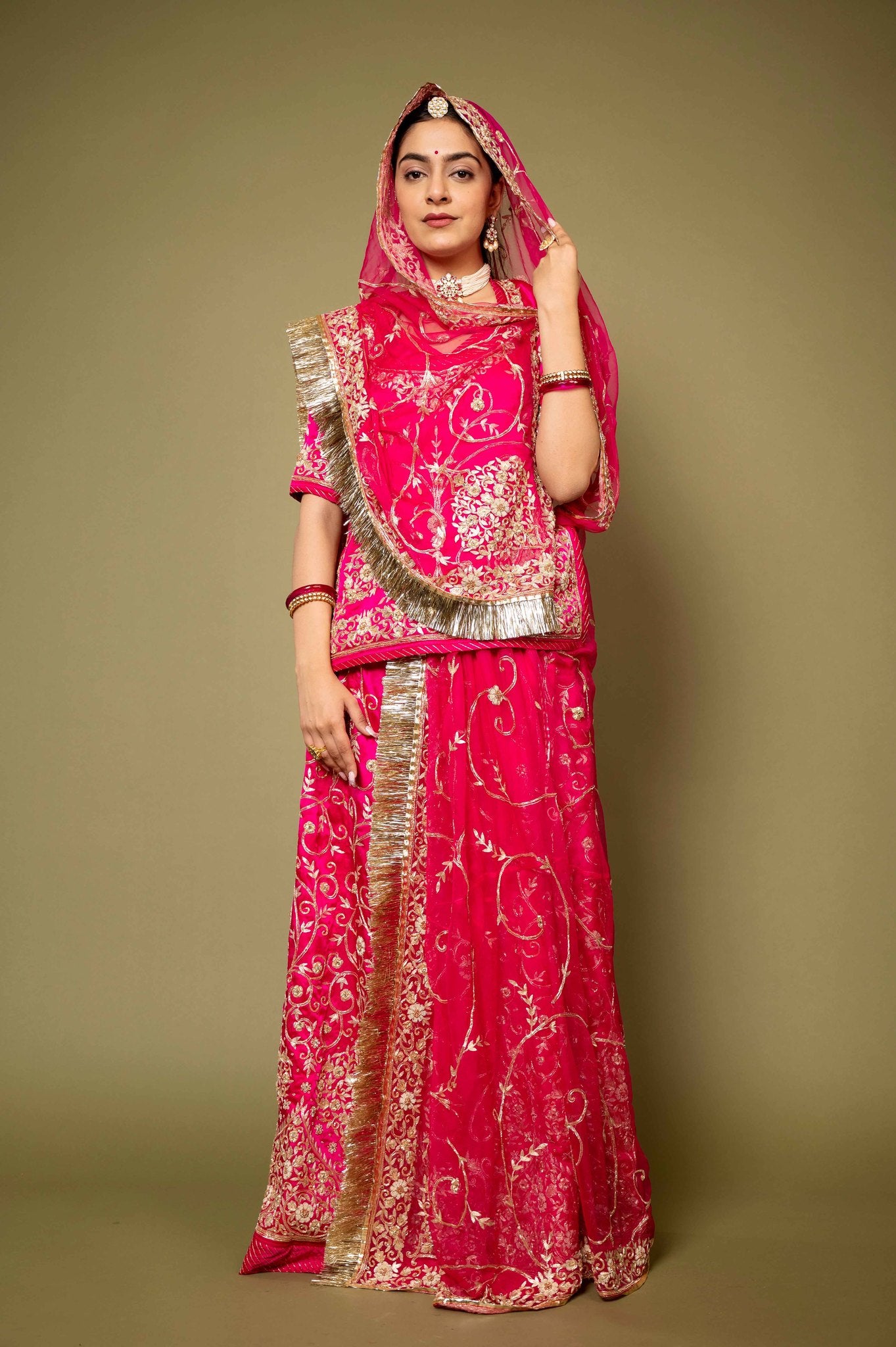 rani pink pure satin aari zardozi handwork rajputi Poshak with pure odhna