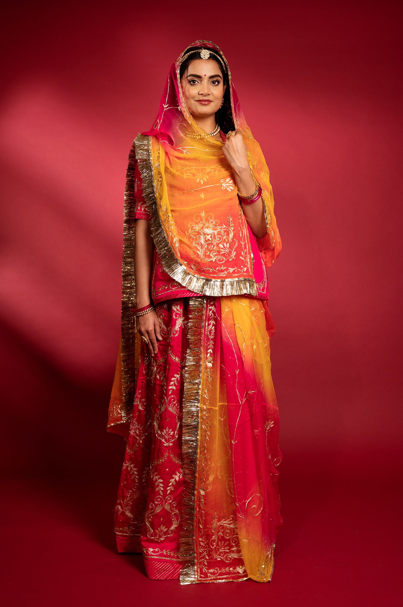 crimson red bamber satin aari handwork Rajputi Poshak with Pure odhna