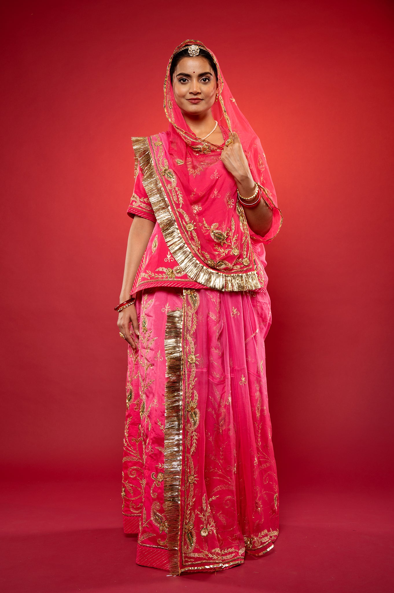 Gajri Pink light dark Bamber Satin Zardozi handwork rajputi Poshak with Pure odhna