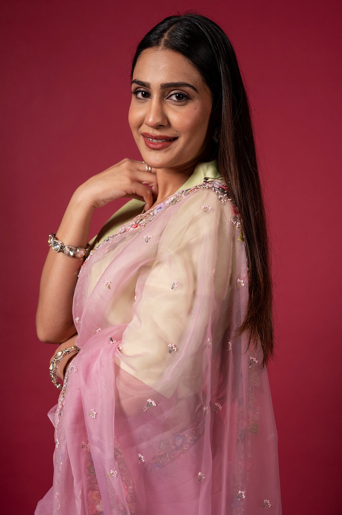 Pink Organza Resham Sequins Pearl Border Booti Handwork Saree