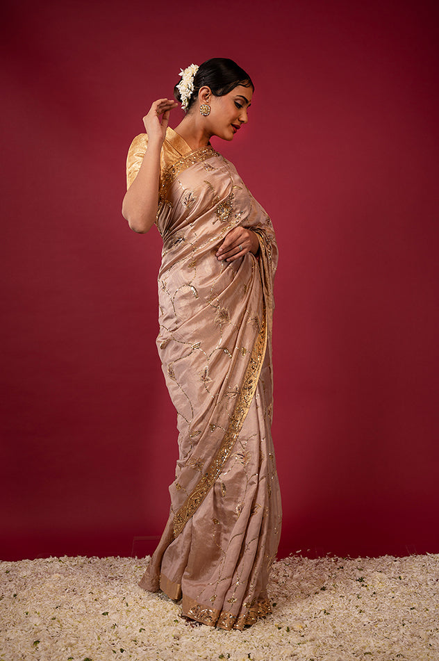 Soft peach pure tissue aari sequins jaal handwork saree