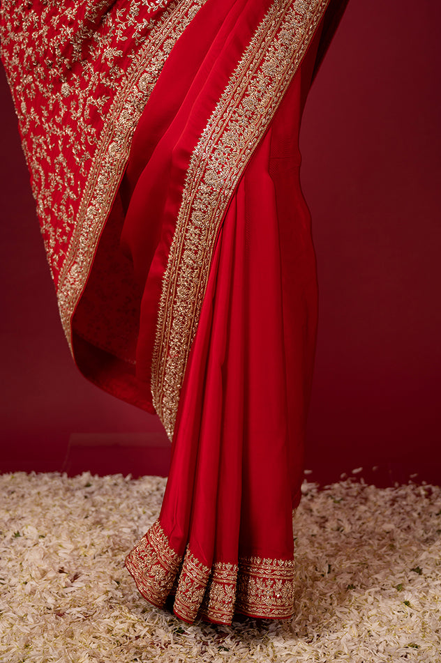 royal red pure silk Satin zardozi border pala jaal handwork saree