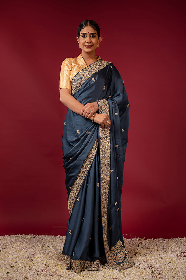 light navy blue pure silk Satin zardozi border butti handwork saree