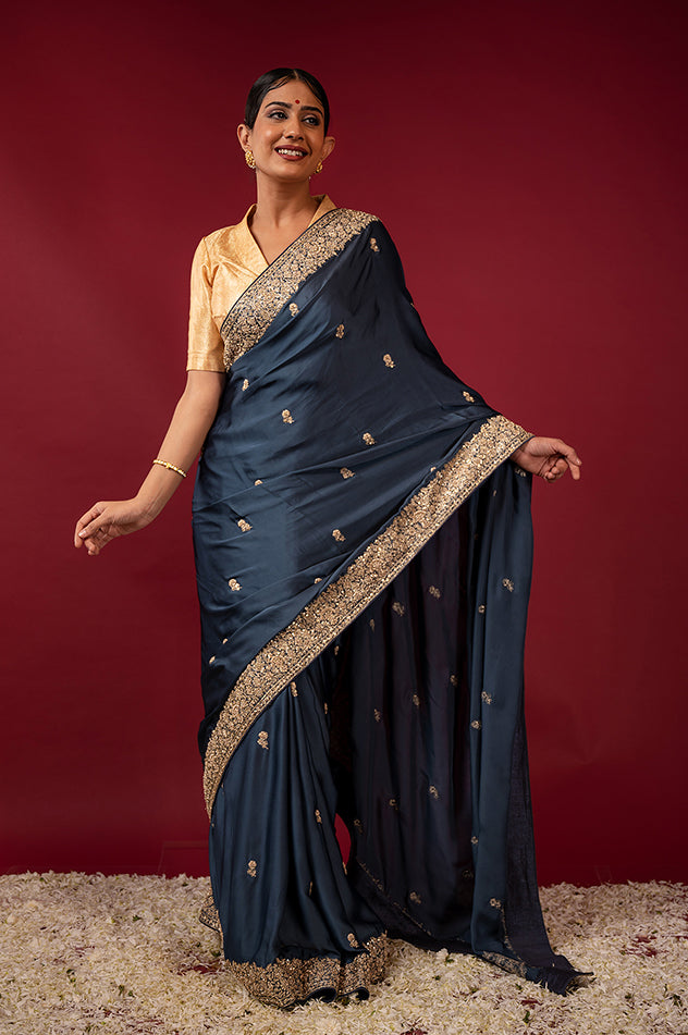 light navy blue pure silk Satin zardozi border butti handwork saree