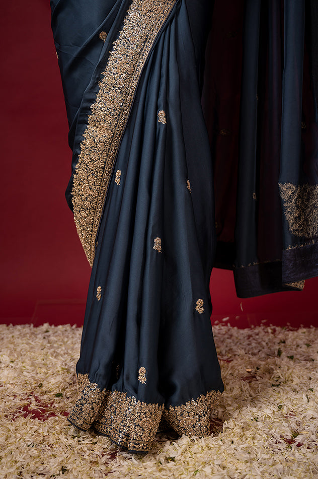 light navy blue pure silk Satin zardozi border butti handwork saree