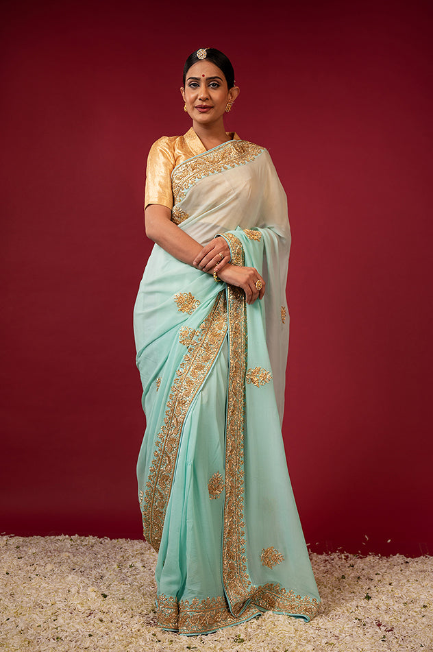 Sea Green pure chiffon zardozi border butti handwork saree