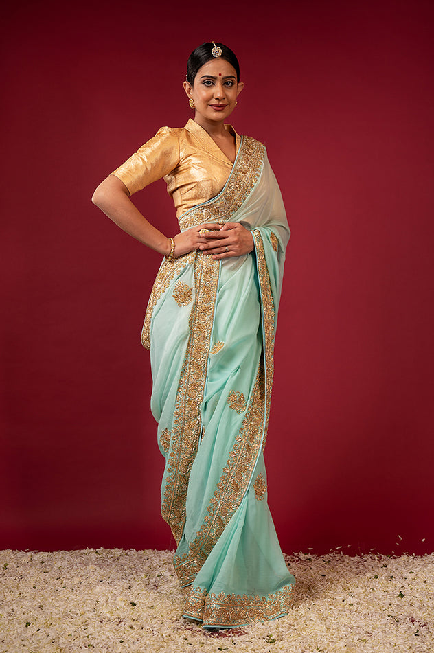 Sea Green pure chiffon zardozi border butti handwork saree