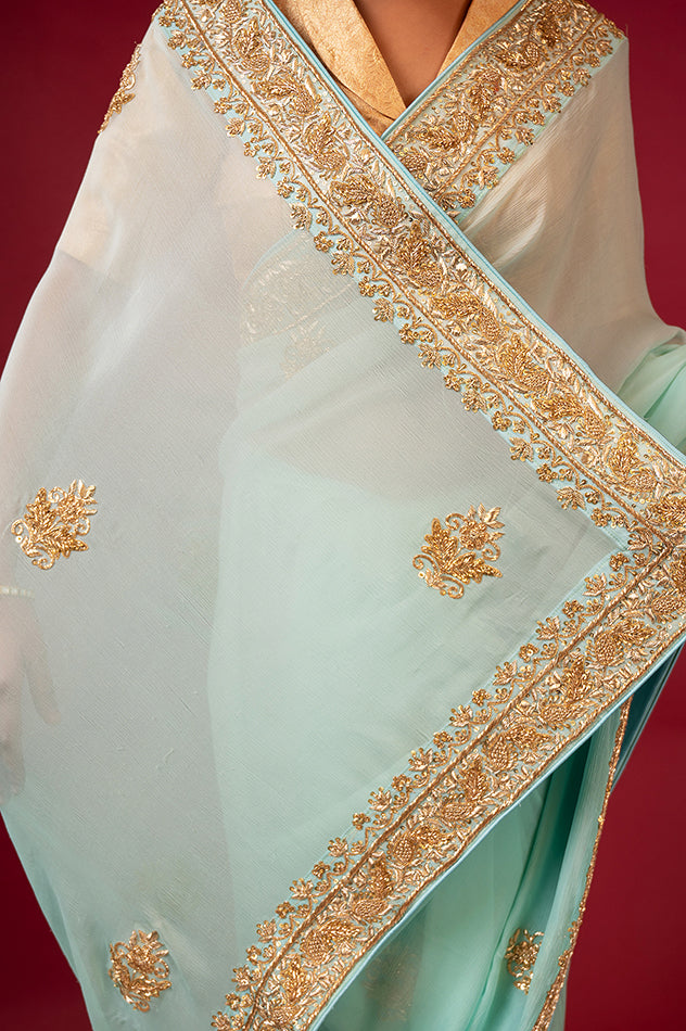 Sea Green pure chiffon zardozi border butti handwork saree