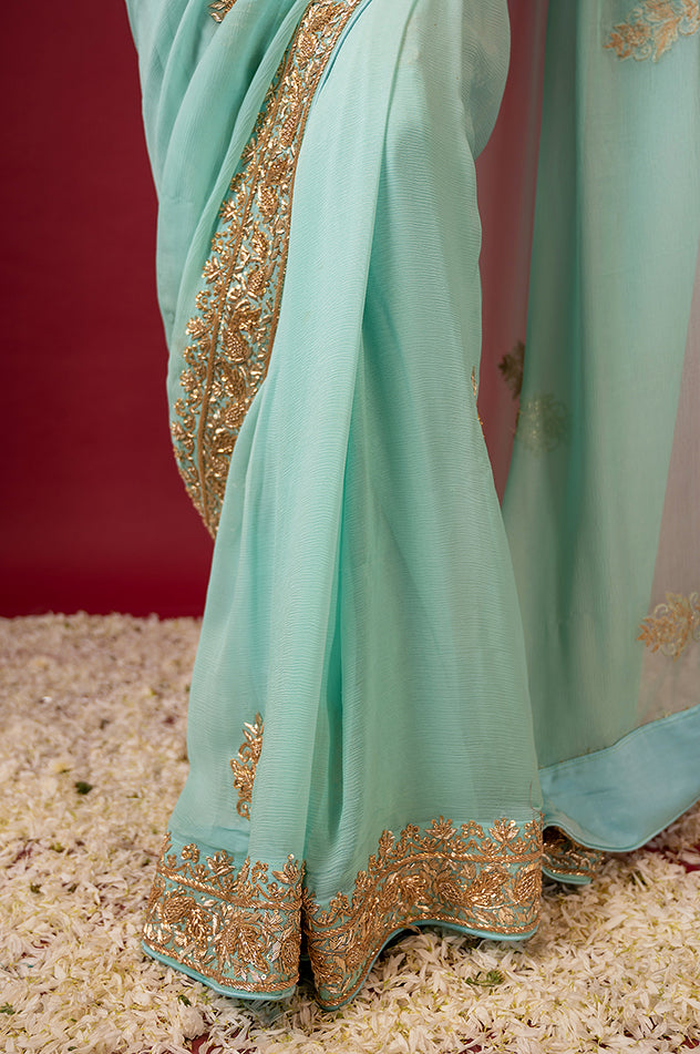 Sea Green pure chiffon zardozi border butti handwork saree