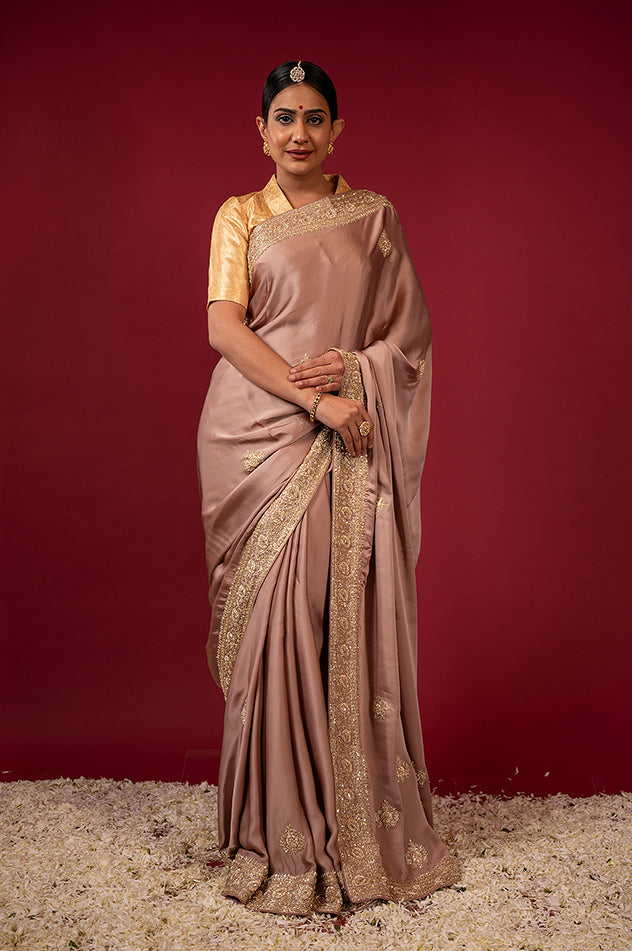 light golden brown pure silk Satin zardozi border butti handwork saree