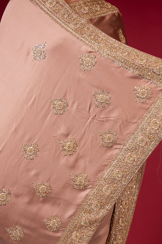 light golden brown pure silk Satin zardozi border butti handwork saree