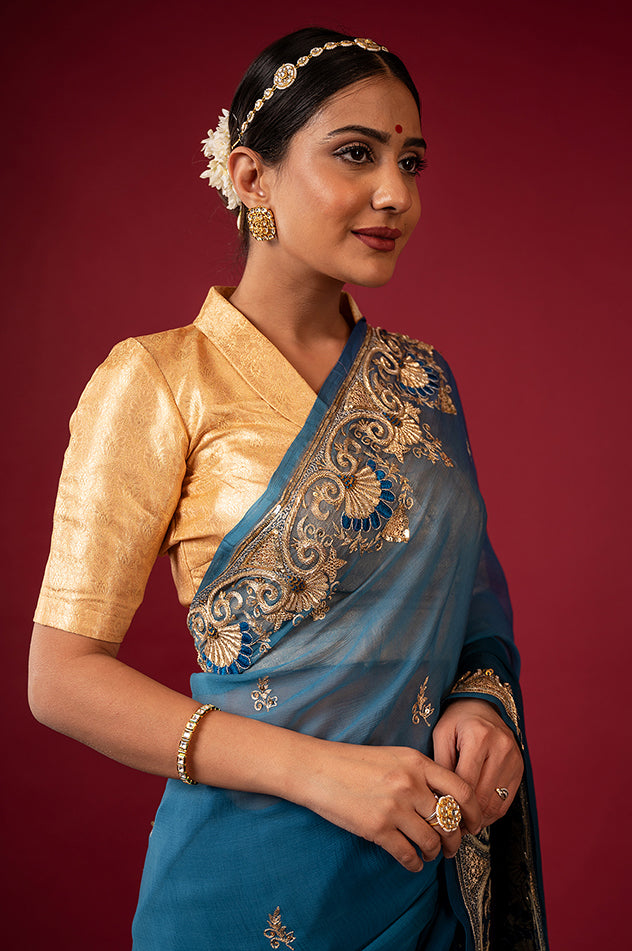 rama blue pure chiffon aari zardozi resham border butti handwork saree