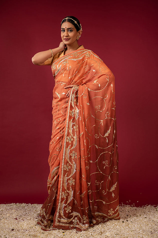 brown light dark pure chiffon aari sequins jaal handwork saree