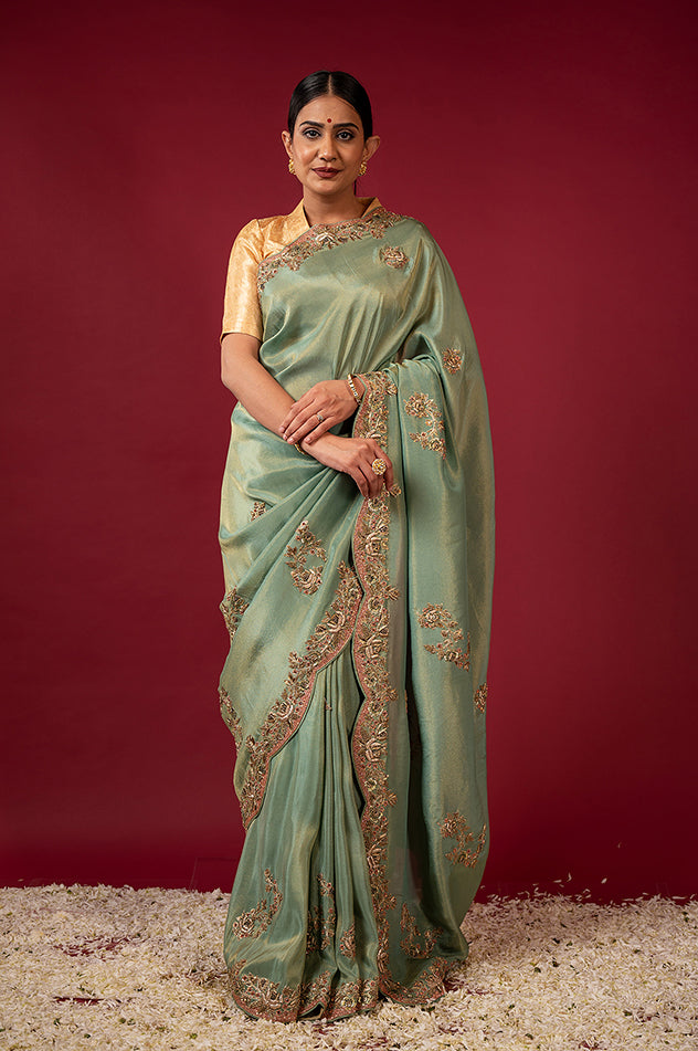 gray teal Pure Tissue zardozi border butti handwork saree