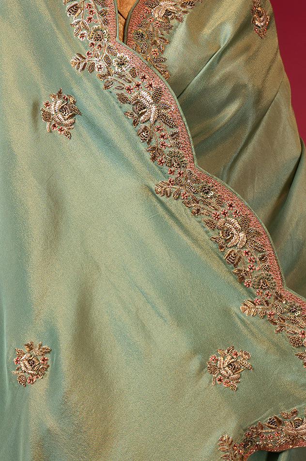 gray teal Pure Tissue zardozi border butti handwork saree