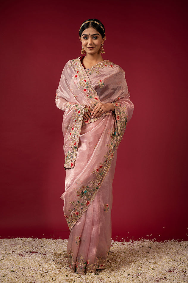 light pink Pure Tissue zardozi resham border butti handwork saree