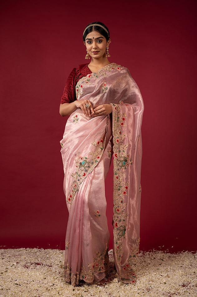 light pink Pure Tissue zardozi resham border butti handwork saree